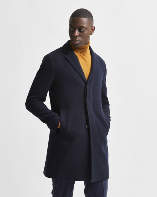 Navy Blue Woollen Long Coat