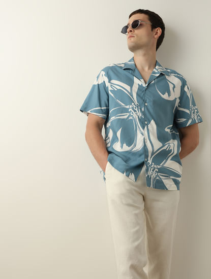 Blue Floral Cuban Collar Short Sleeves Shirt