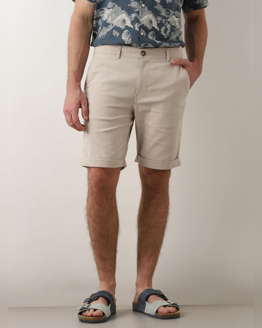 Beige Mid Rise Cotton Shorts