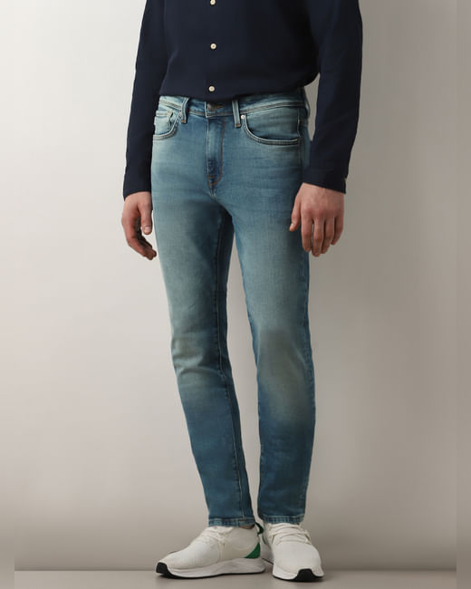 Blue Mid Rise Washed Slim Fit Jeans