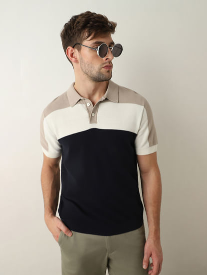 Blue Colourblocked Knitted Polo