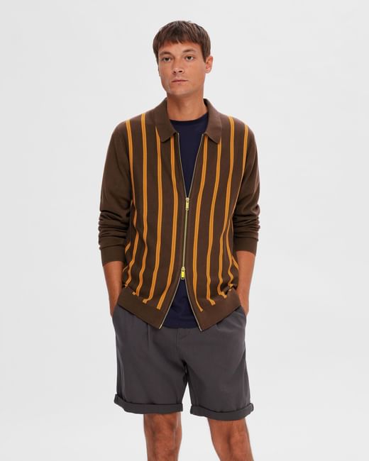 Brown Striped Zip-Up Cardigan