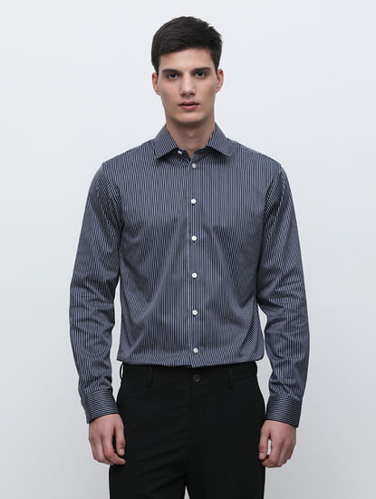 Men's Navy Vertical Striped Blazer, Grey Cardigan, Blue Plaid Long Sleeve  Shirt, Brown Chinos