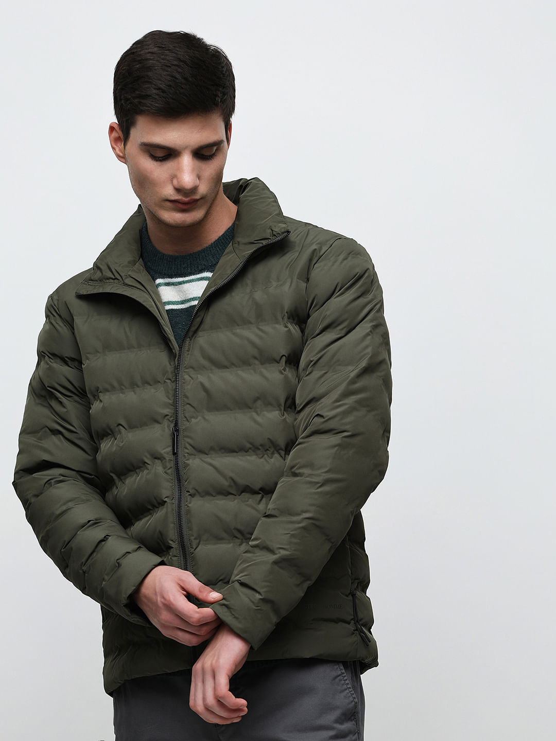 Olive green 2025 quilted jacket mens