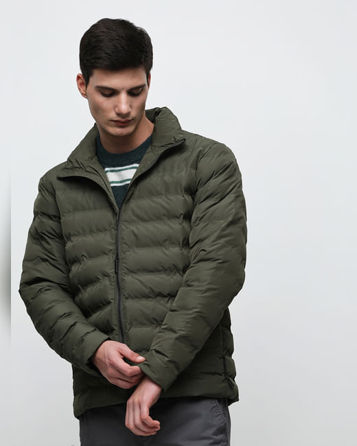 Green High Neck Quilted Jacket