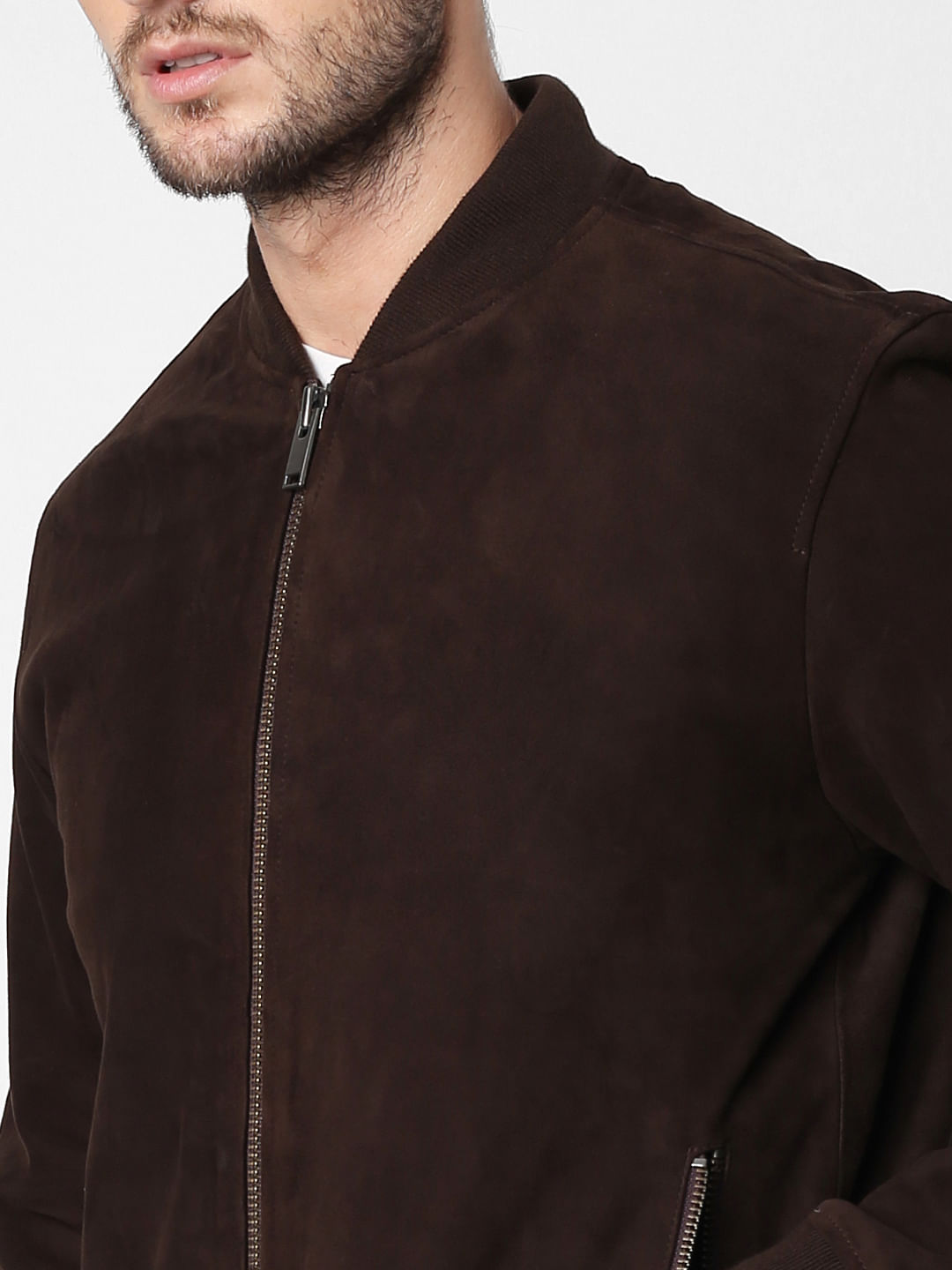 dark brown suede bomber jacket