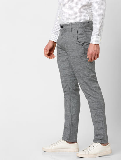 Grey Mid Rise Check Print Slim Fit Trousers