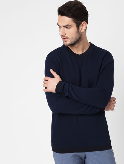 Dark Blue Self-Design Pullover