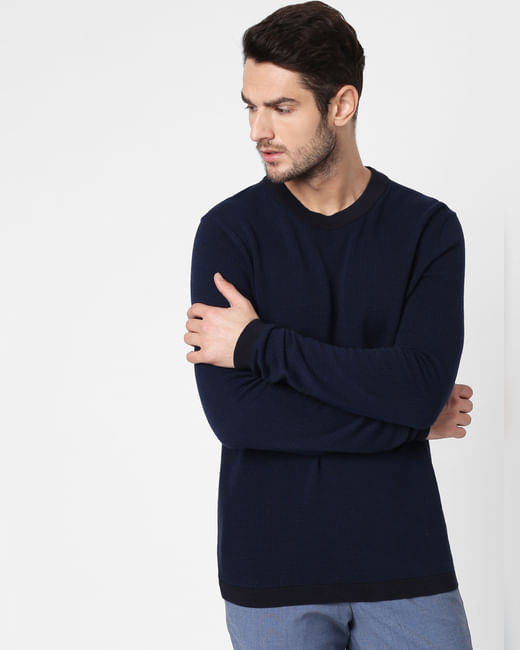 Dark Blue Self-Design Pullover