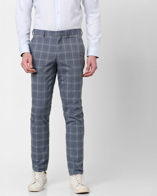 Blue Mid Rise Check Print Trousers