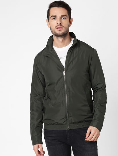 Green High Neck Casual Jacket