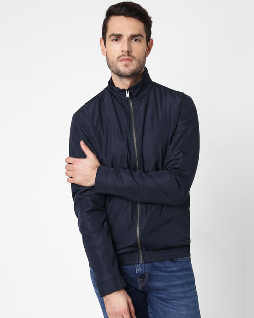 Navy Blue High Neck Casual Jacket