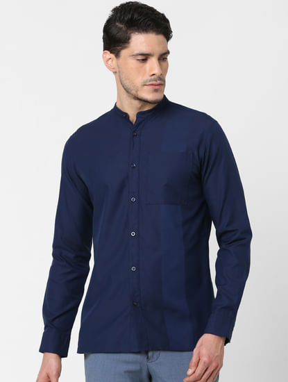 Dark Blue Self-Design Full Sleeves Shirt