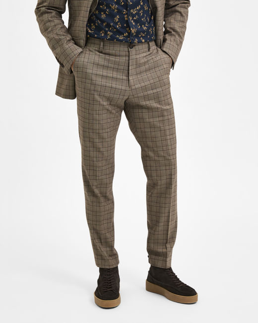 Brown Mid Rise Check Formal Trousers