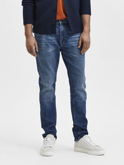 Blue Mid Rise Distressed Leon Slim Jeans