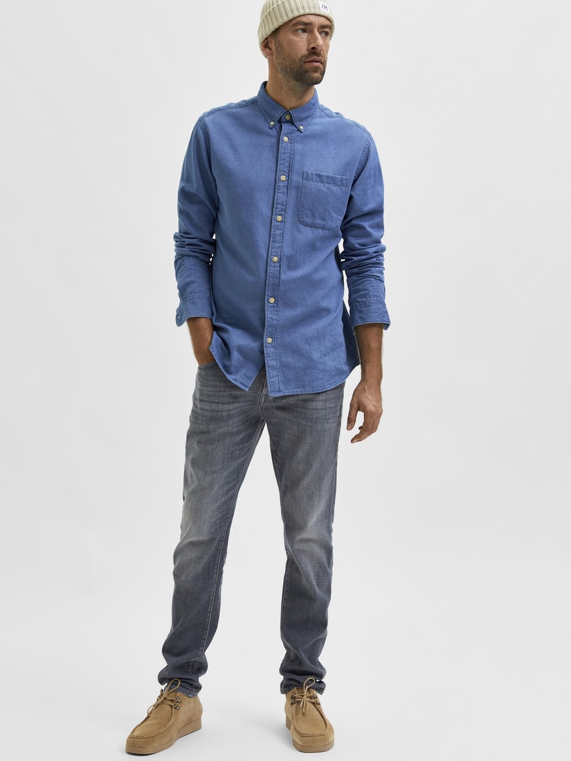 Grey jeans clearance blue denim shirt