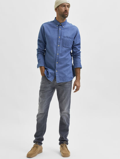 Grey Mid Rise Washed Leon Slim Jeans