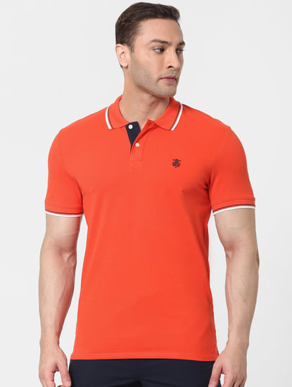 Orange Contrast Tipping Polo Neck T-shirt