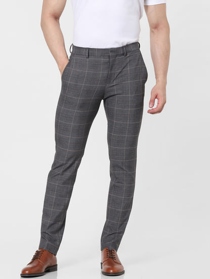 Grey Mid Rise Check Trousers