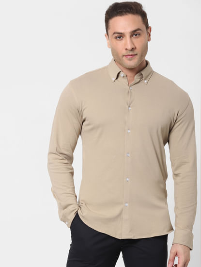 Beige Button Down Full Sleeves Knit Shirt