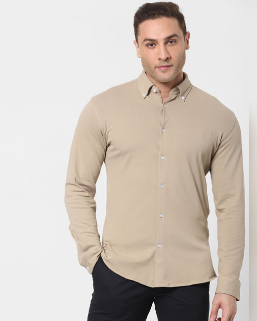 Beige Button Down Full Sleeves Knit Shirt