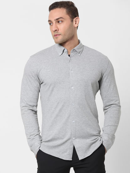 Grey Button Down Full Sleeves Knit Shirt
