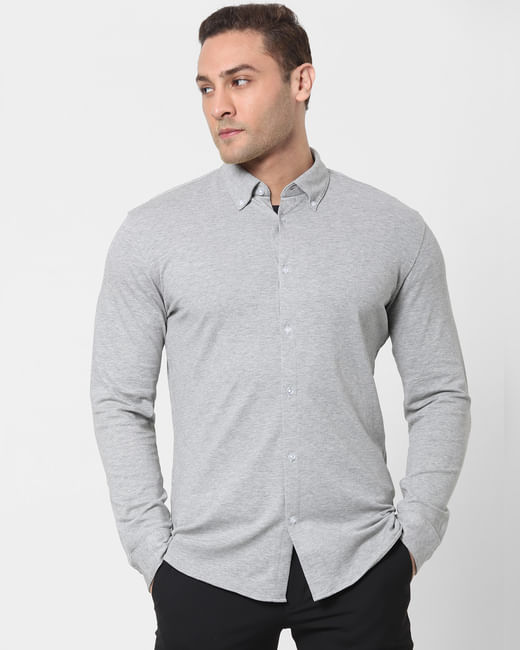 Grey Button Down Full Sleeves Knit Shirt