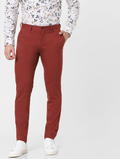 Burnt Red Mid Rise Slim Fit Trousers