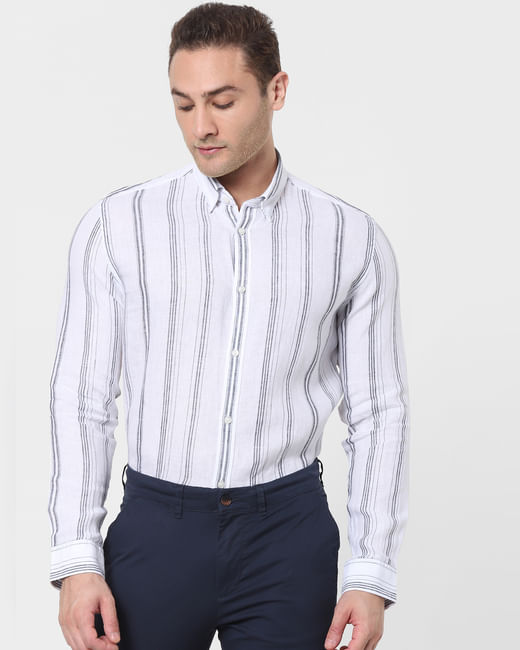 White Striped Full Sleeves Linen Shirt
