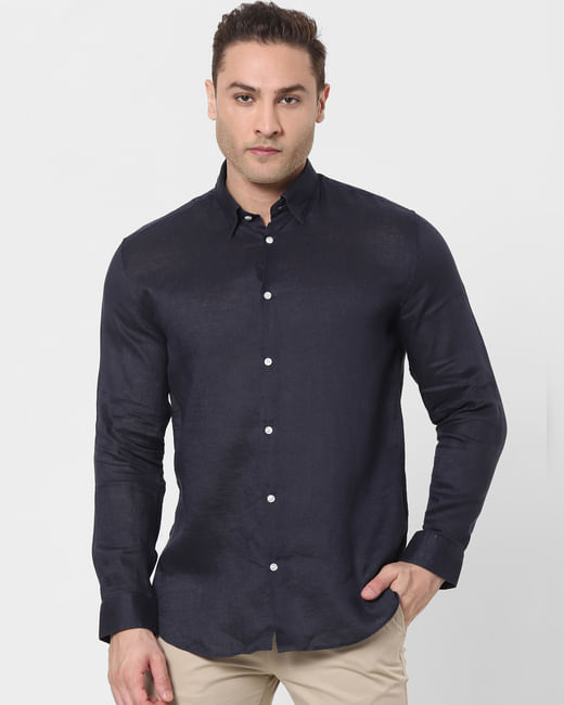Navy Blue Full Sleeves Linen Shirt