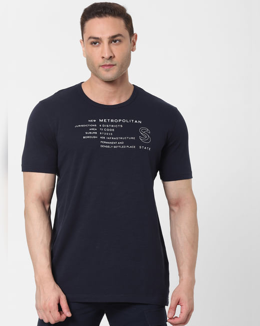 Blue Text Print Organic Cotton Crew Neck T-shirt