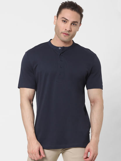 Navy Blue Organic Cotton Polo Neck T-shirt 
