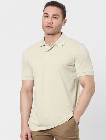 Beige Organic Cotton Polo Neck T-shirt 