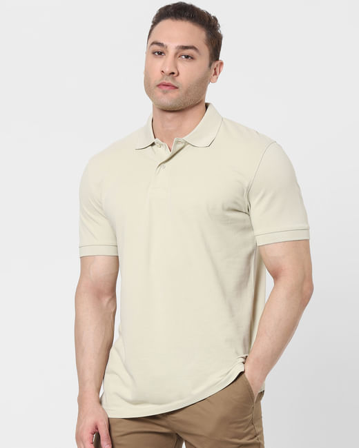 Beige Organic Cotton Polo Neck T-shirt 