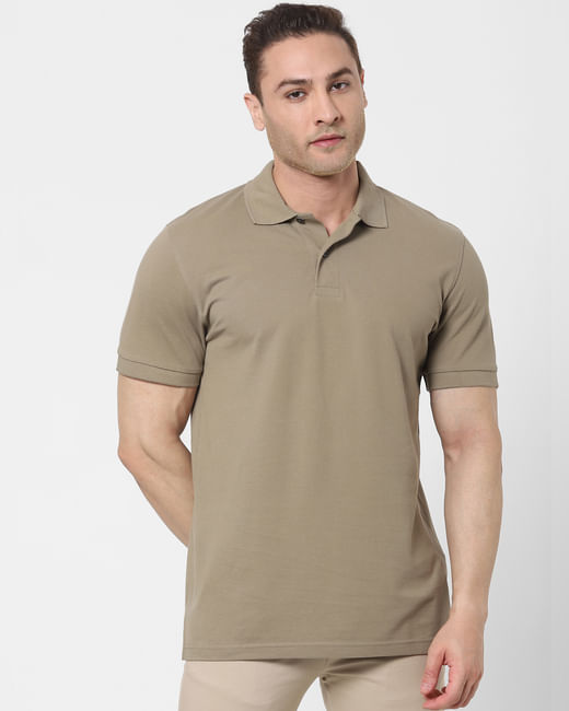 Khaki Organic Cotton Polo Neck T-shirt 
