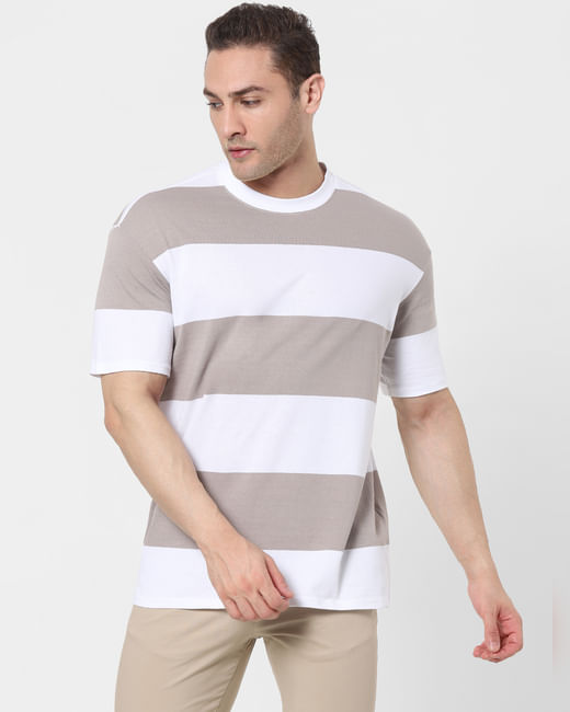 Grey Striped Organic Cotton Crew Neck T-shirt