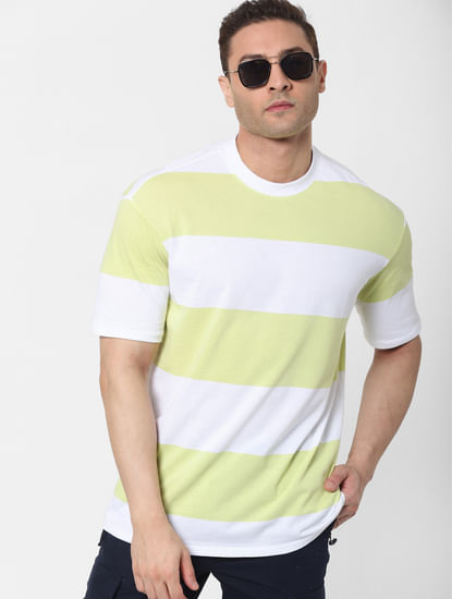 Lime Green Striped Organic Cotton Crew Neck T-shirt