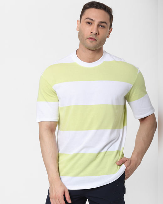 Lime Green Striped Organic Cotton Crew Neck T-shirt