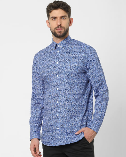 Blue Printed Organic Cotton Full Sleeves Shirt