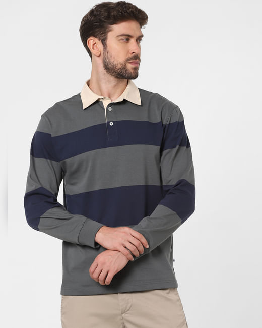 Grey Striped Polo Neck T-shirt