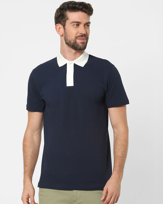 Blue Organic Cotton Polo Neck T-shirt