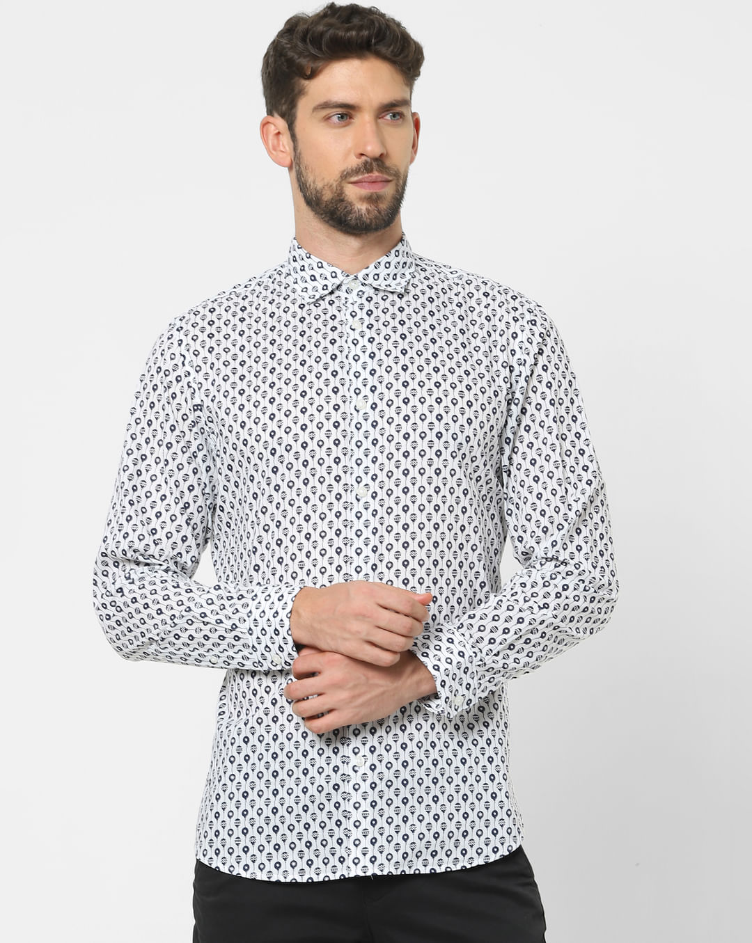 SELECTED HOMME White Floral Printed Organic Cotton Full Sleeves Shirt