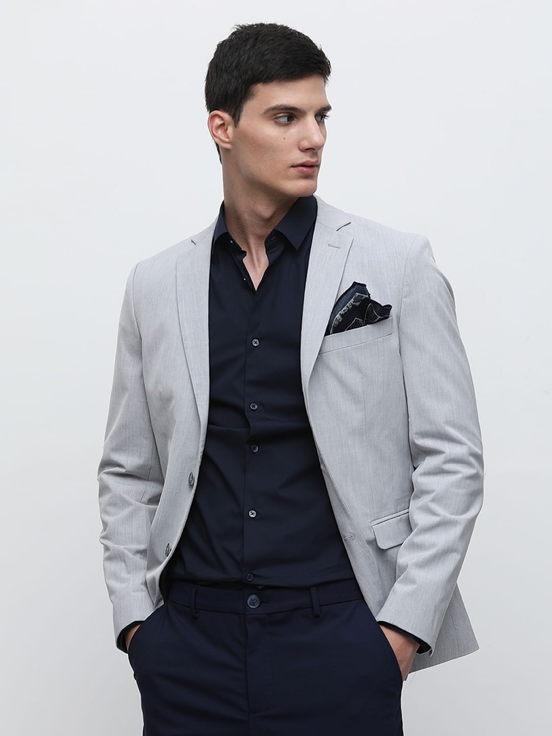 Gray blazer outlet blue shirt