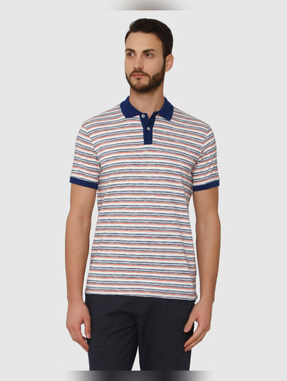 White Striped Contrast Tipping Polo Neck T-Shirt