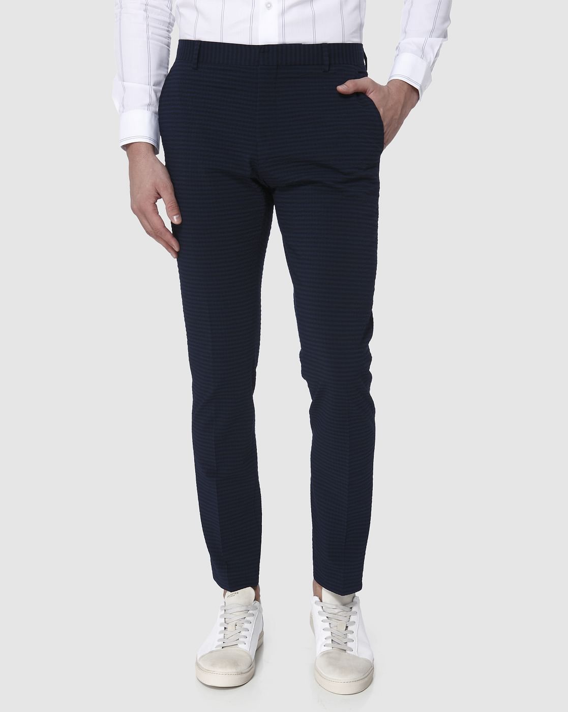 navy blue striped trousers