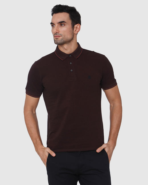 Burgundy Contrast Tipping Slim Fit Polo Neck T-Shirt