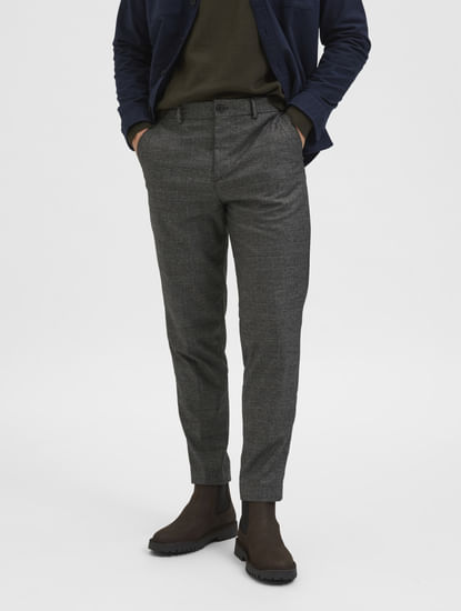 Grey Mid Rise Check Slim Trousers