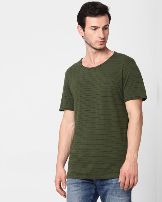 Olive Green Striped Crew Neck T-shirt