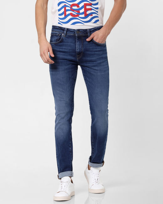 Blue Mid Rise Faded Leon Slim Fit Jeans