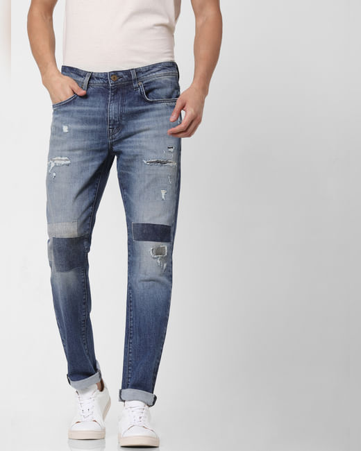 Blue Mid Rise Distressed Leon Slim Fit Jeans